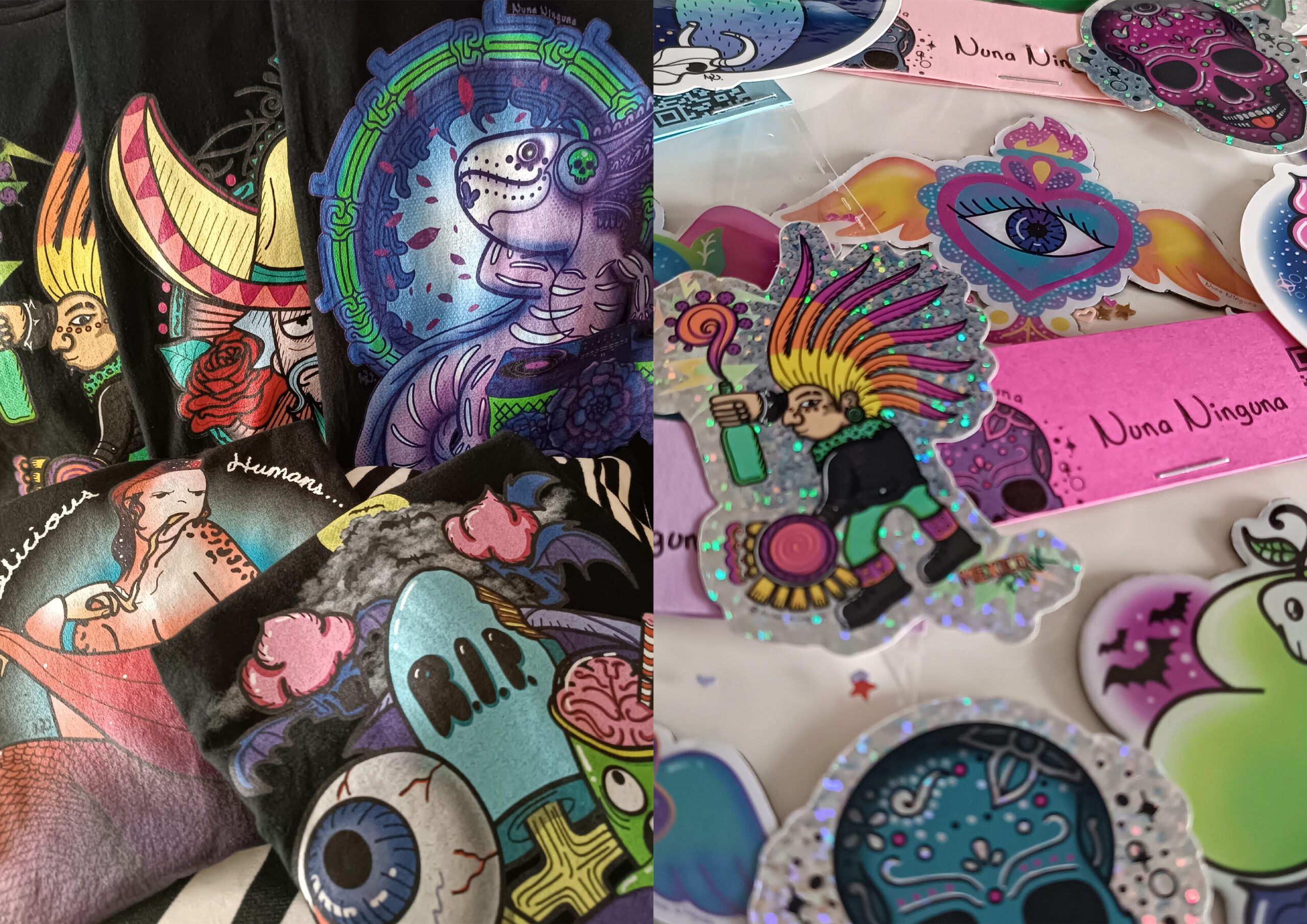 mercha camisetas y pegatinas